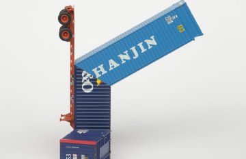 Blue and red colored HO scale model parts of a toy truck merged with shipping containers