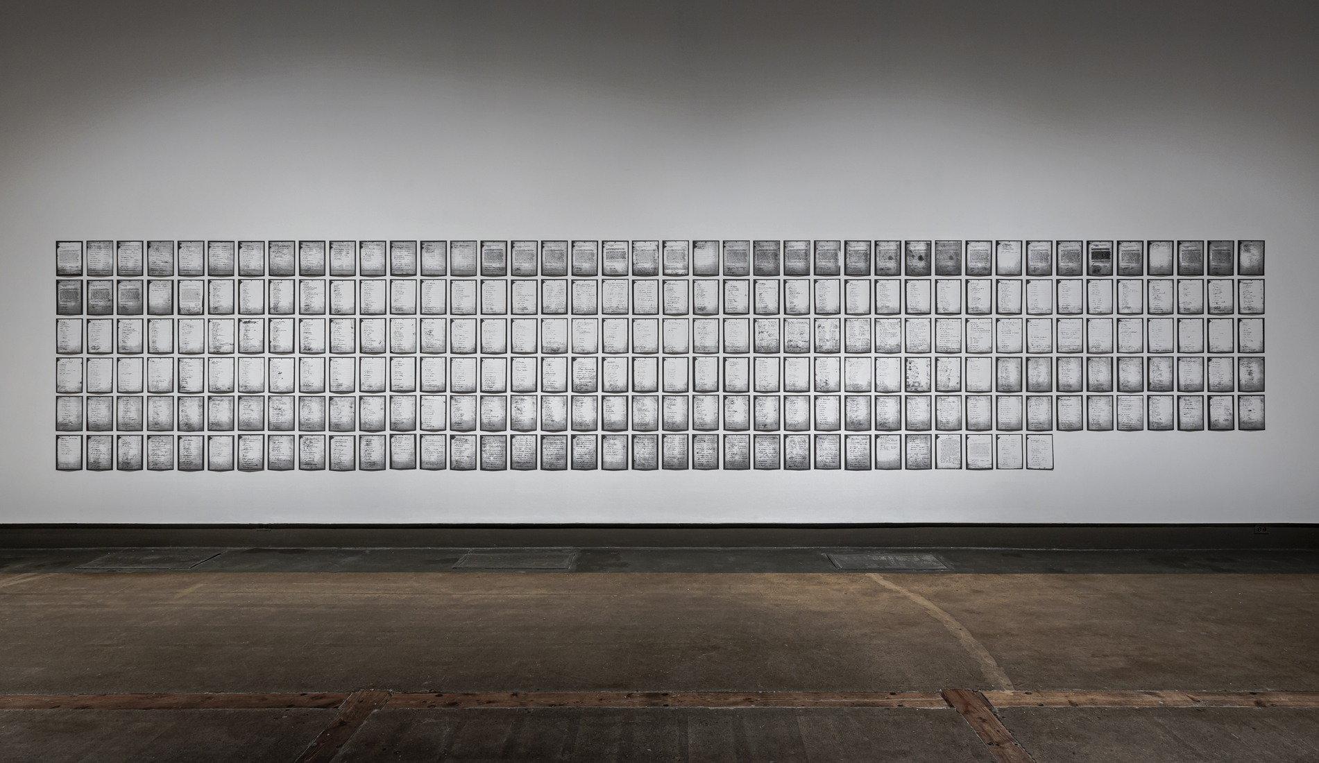 Installation of 234 pages of digitally copied petition pages in a wide grid of seven rows on a white gallery wall