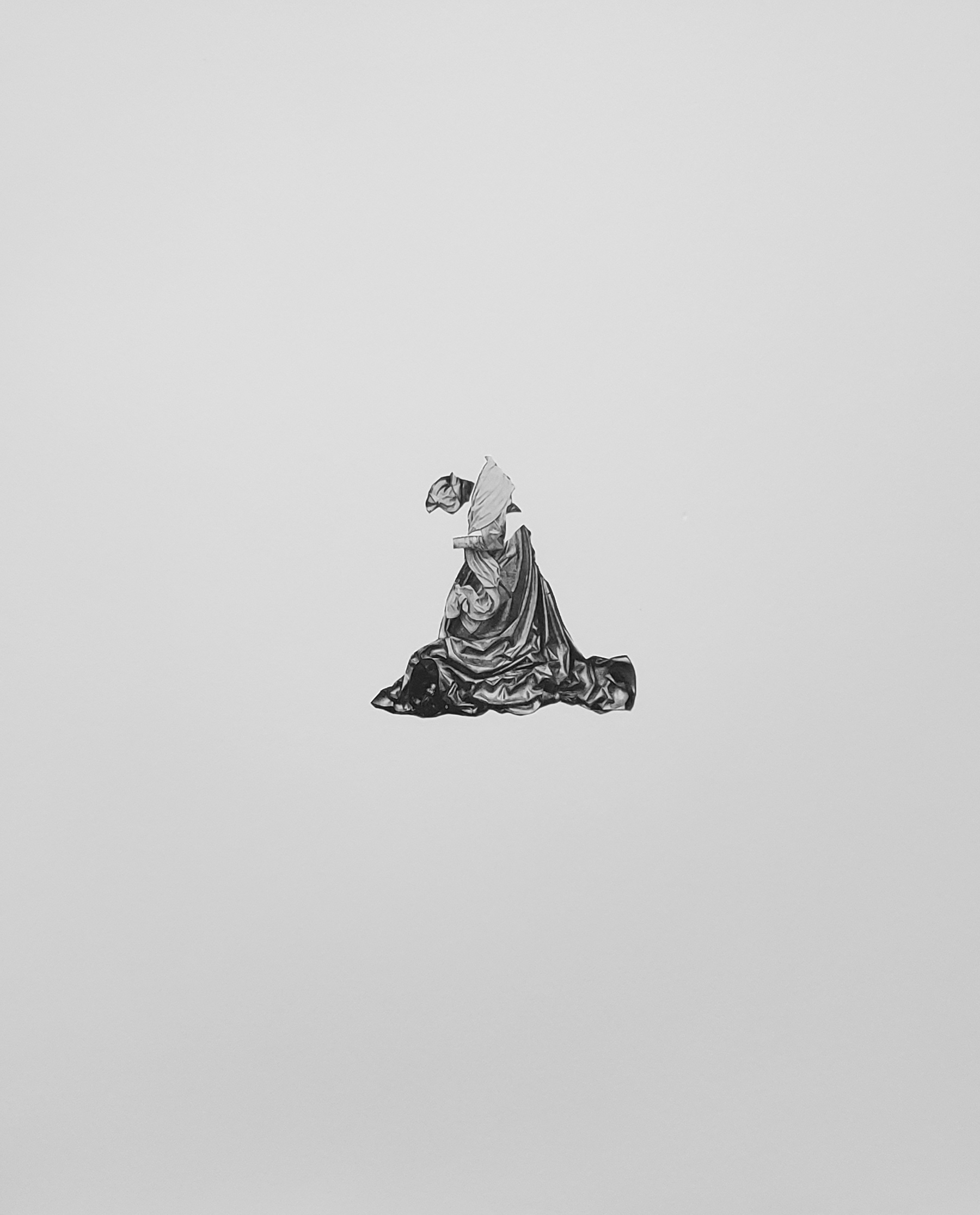 A greyscale image of a robed woman without face or hands against a light grey background
