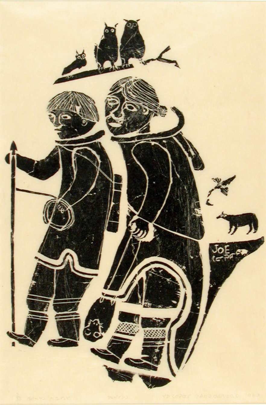 An Inuit block print in black ink on cream paper depicting two figures in winter wear returning from a hunt with a seal and spear; a tree branch above their heads supports three birds