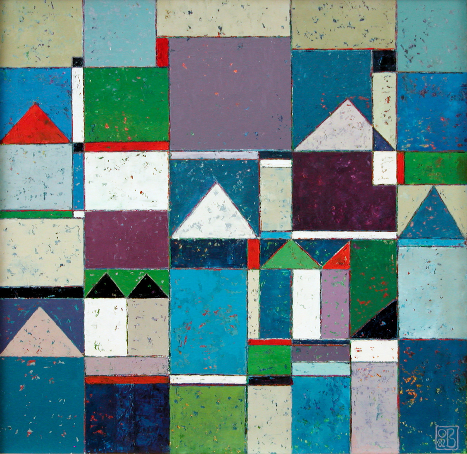 Otto Beyer's Town Scape No. 2 is a colourful abstract painting of angled shapes in a grid formation