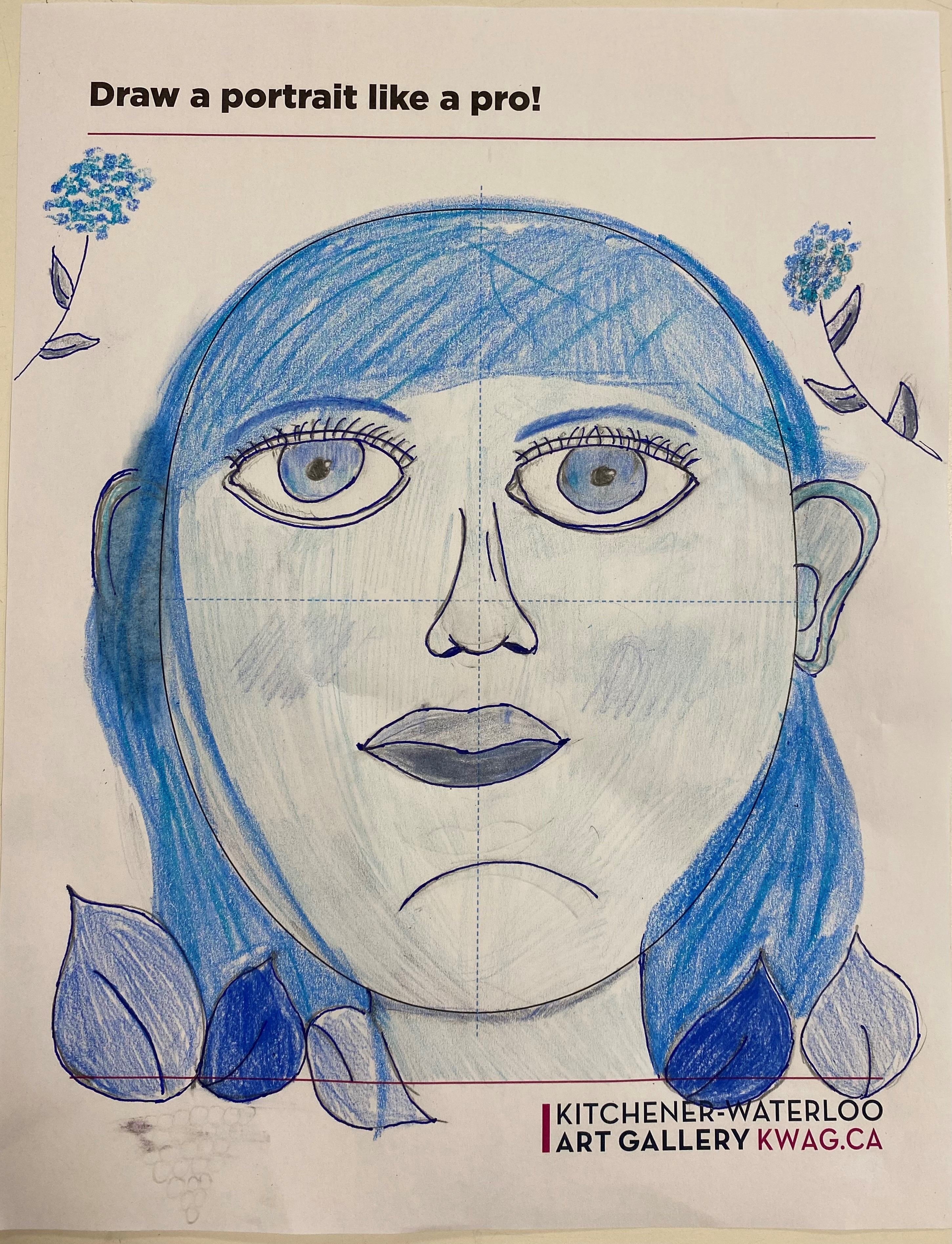 A KWAG activity sheet entitled "Draw a portraits like a pro!" filled with an expressive female portrait in blue tones surrounded by flowers