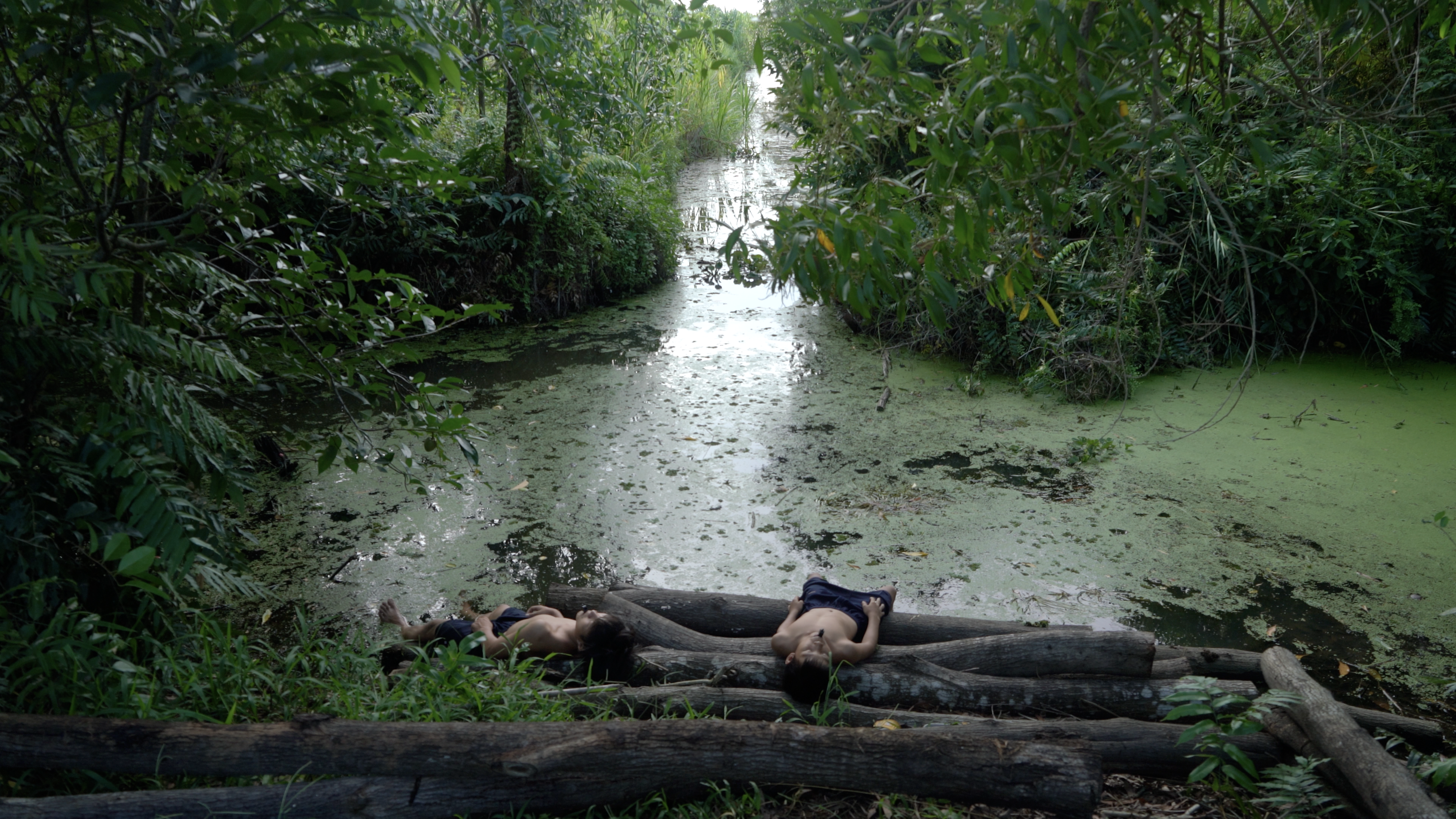 Two young shirtless boys recline across logs at the edge of a river surrounded by shadowy trees