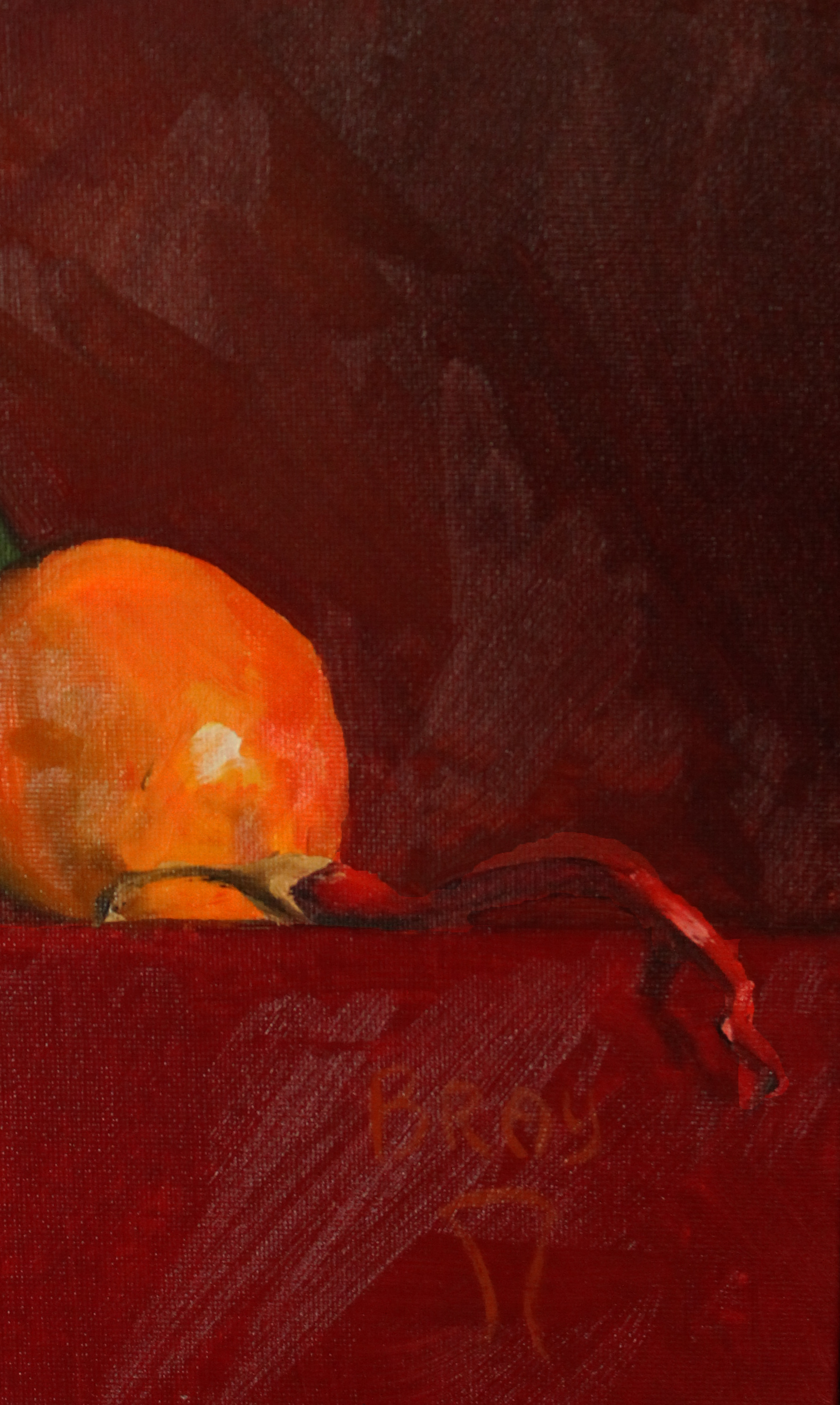 Oil painting of a red pepper on a ledge against a dark red background by Sandra Bray