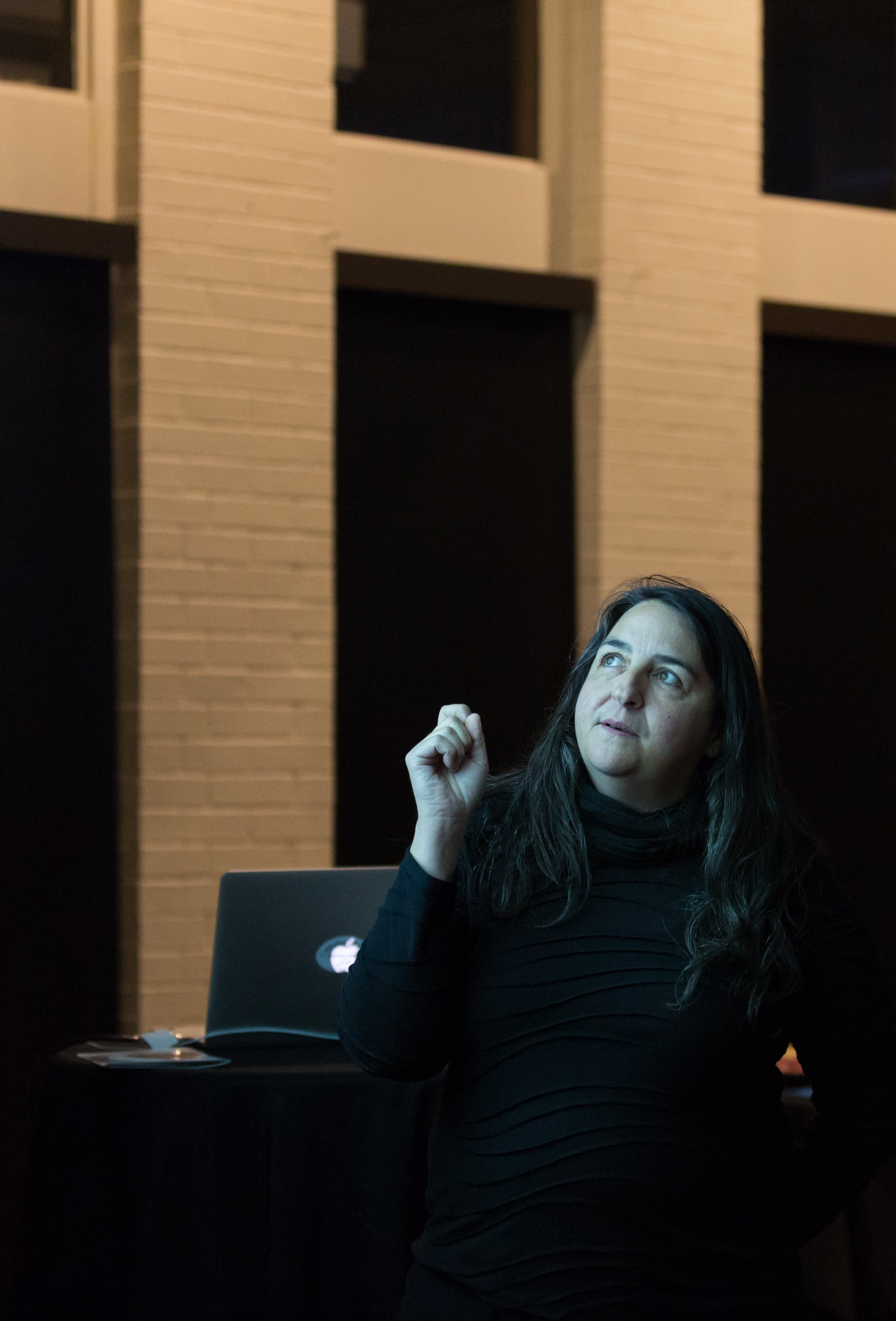 Photo of Lisa Myers presenting a lecture in a darkened room, pointing and looking upward at a projection screen behind her