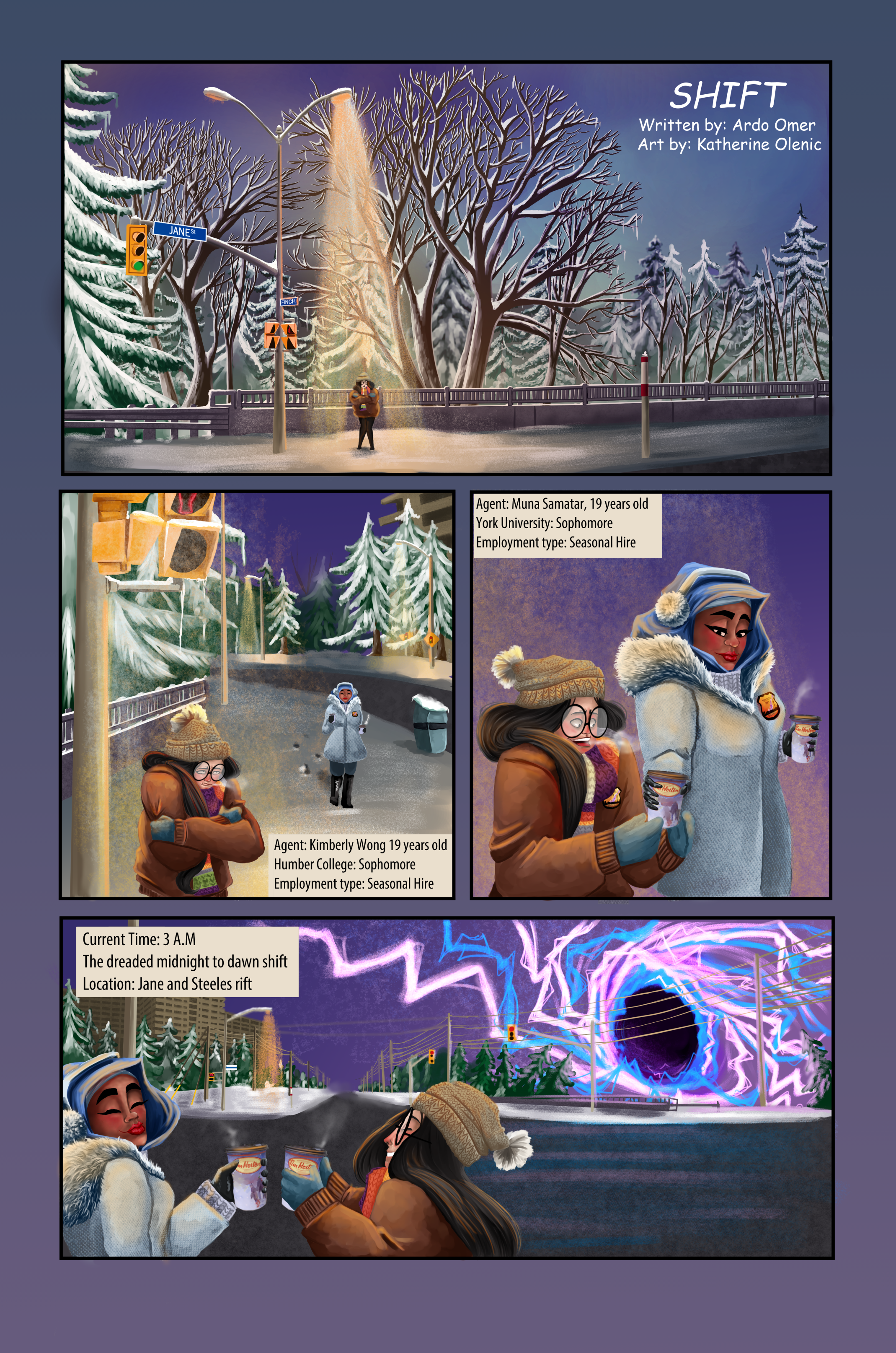 A multi-panel comic page showing two characters in a city on a winter night