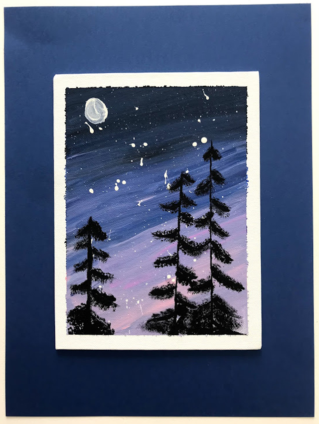 A painting of spare black silhouettes of pine trees against a violet-streaked night sky, framed in a white and blue mat