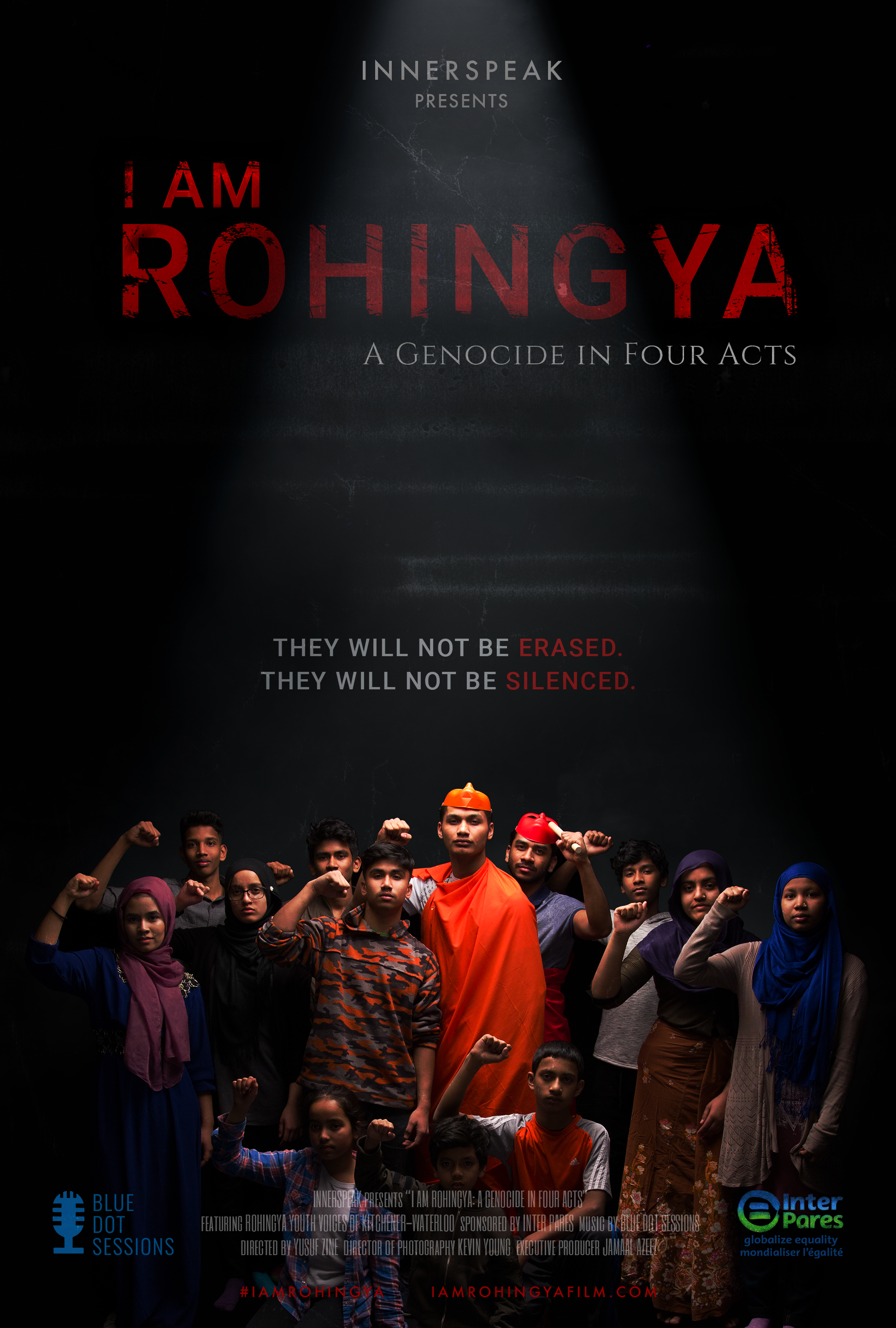 Film poster for I Am Rohingya depicts a group of young migrants in a black space with their fists raised