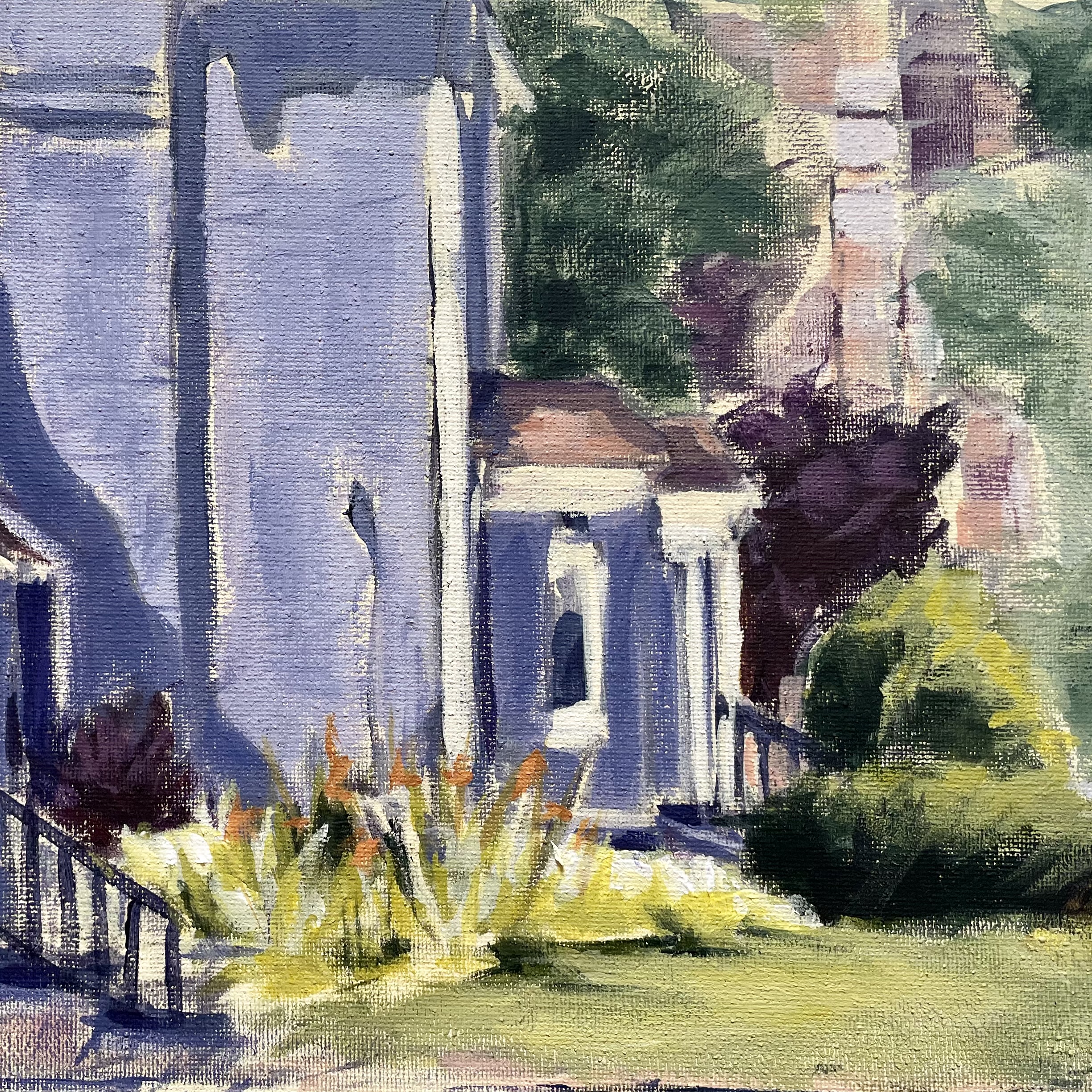 Acrylic painting of a sidelong view of a blue house with green foliage