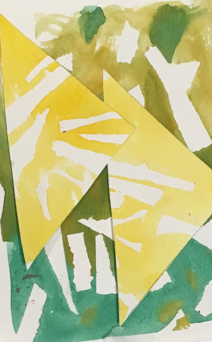 A yellow and green watercolour study made with overlapping pieces of triangular white paper