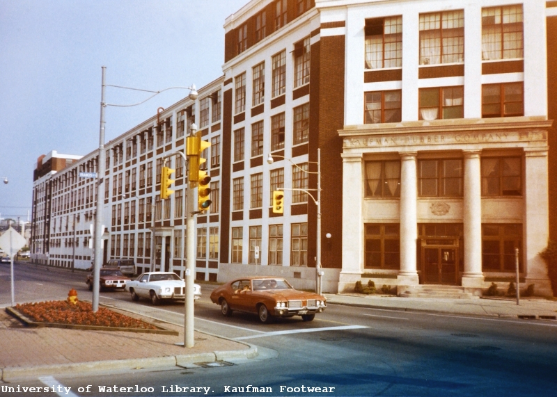 A vintage photo of the Kaufman Factory as seen from its corner intersection