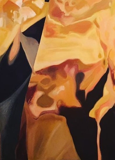 Detail of an abstract painting by Natalie McDonald painted in orange and gold tones
