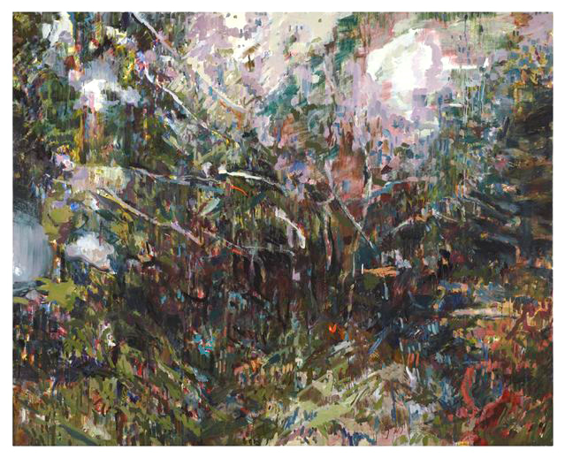 Monica Tap's Road to Lily Dale 1 is an energetic abstract painting suggestive of a forested landscape