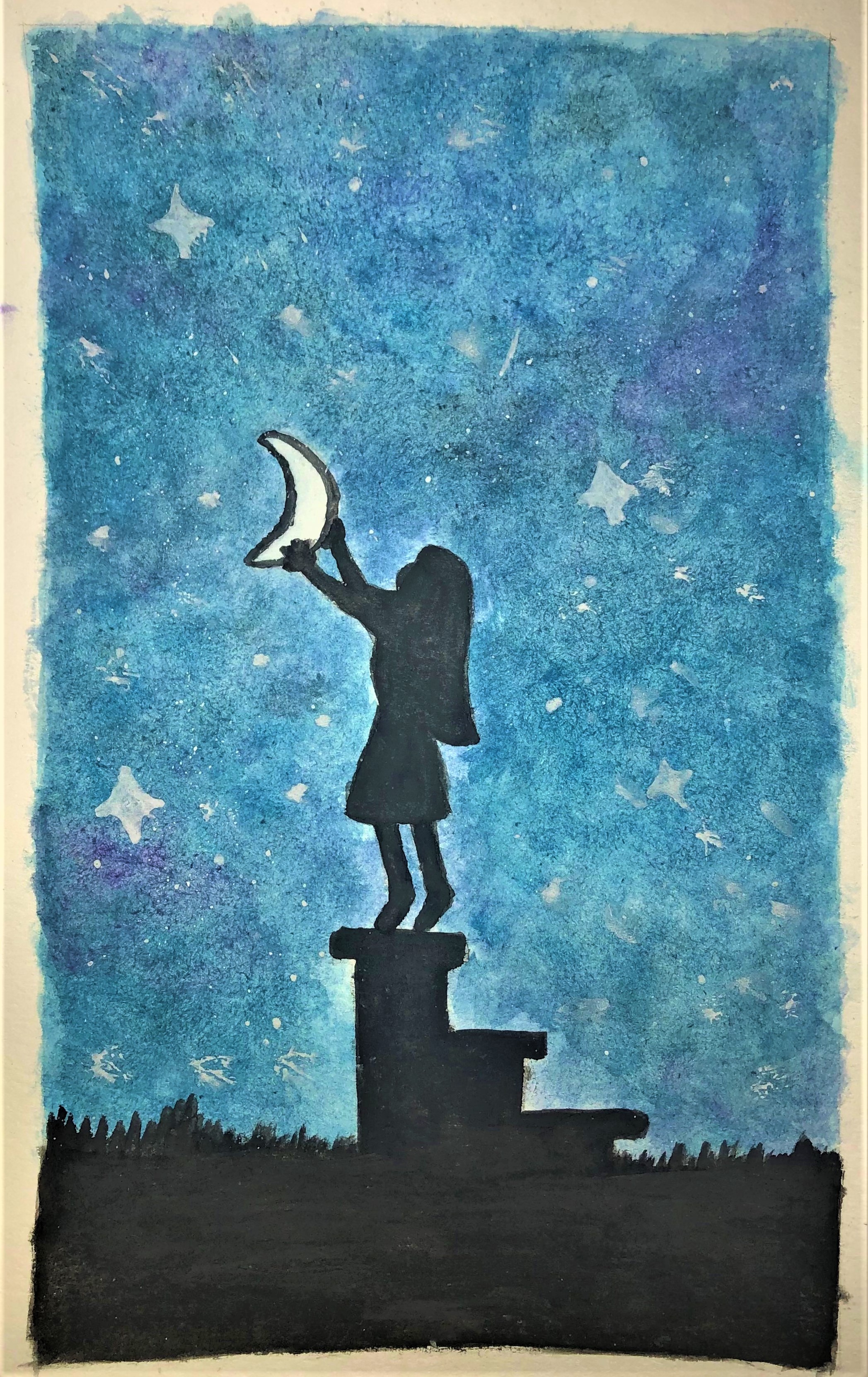 A watercolour painting of a silhouetted figure at the top of a short set of stairs, holding the moon aloft in a starry purple and blue sky