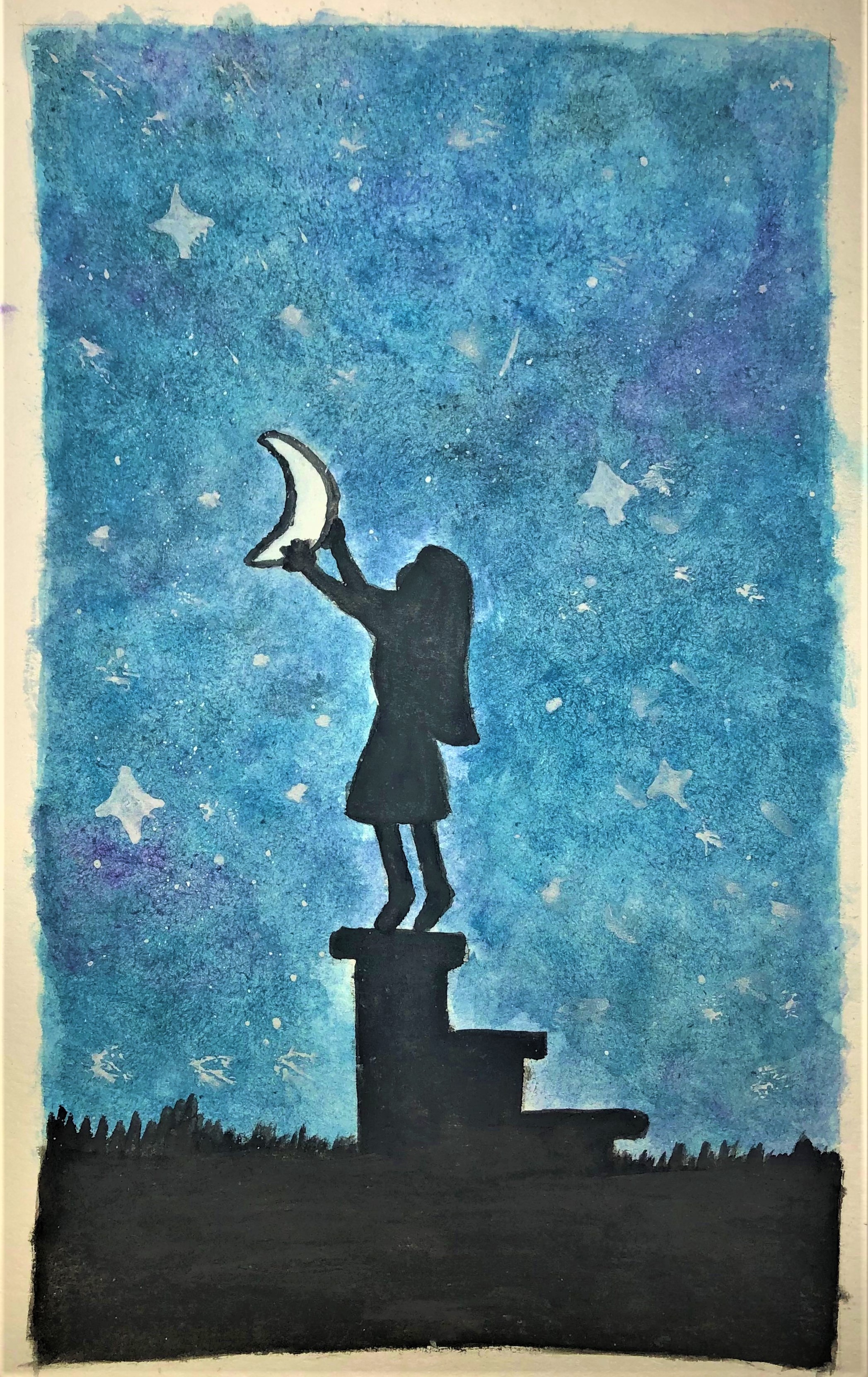 A watercolour painting of a young girl standing on top of a short set of steps to grasp a crescent moon, in black silhouette against a starry night sky