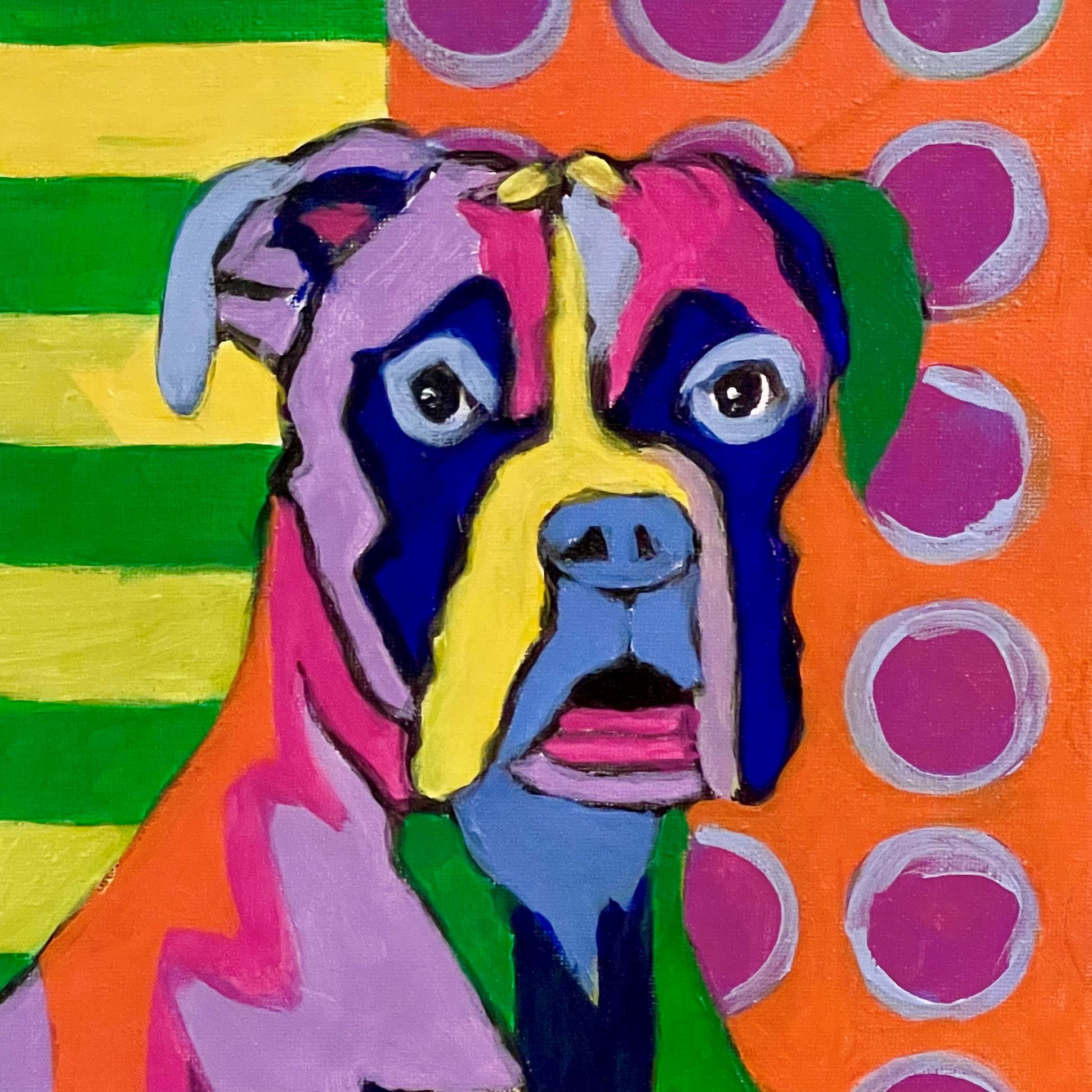 A painting of a bulldog using flat geometric shapes against a striped background