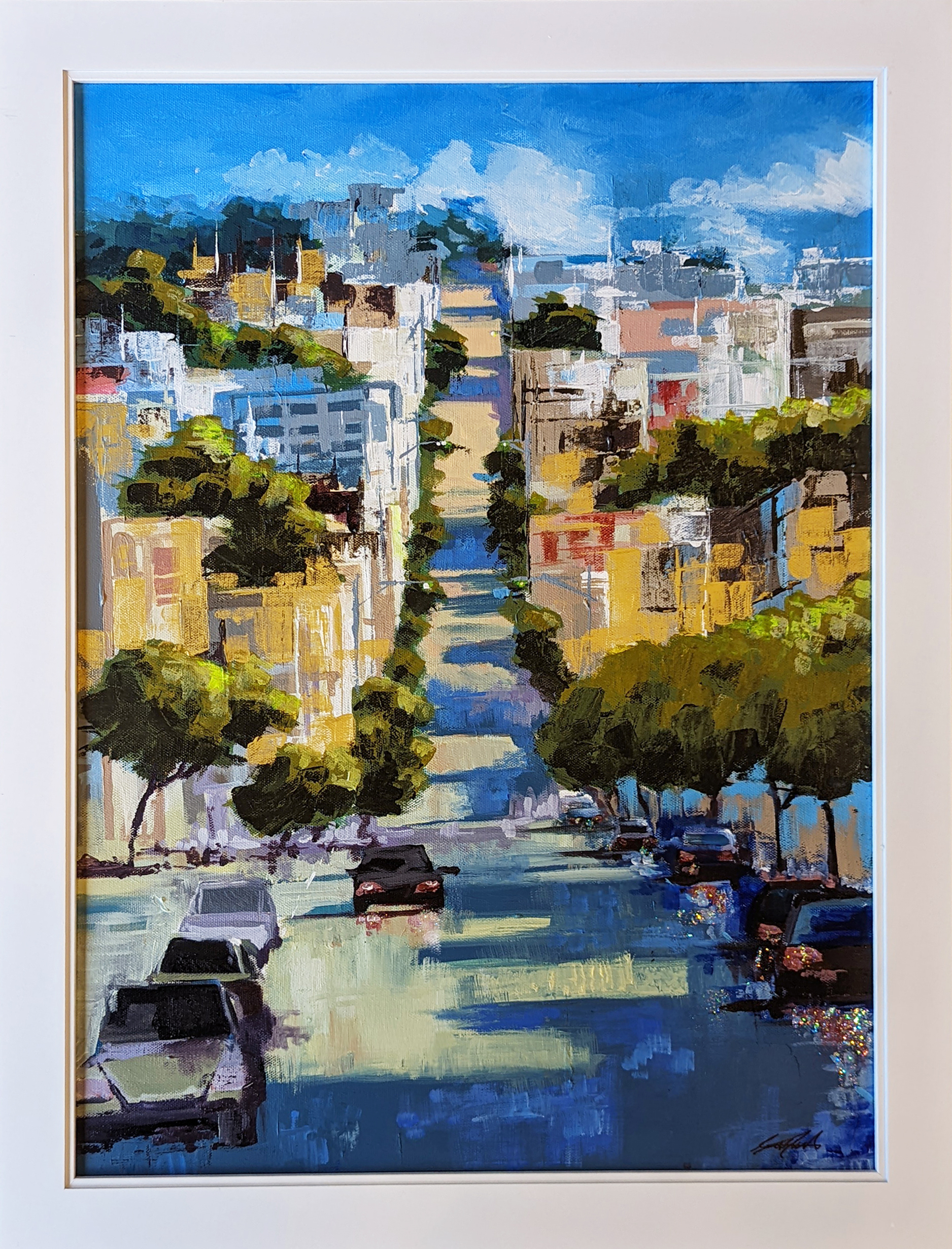An impressionistic painting of a long sunlit urban street lined with cars, buildings and trees