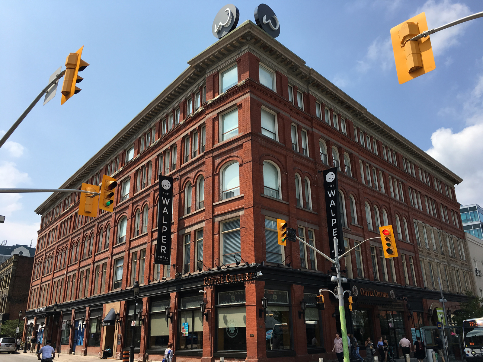Corner view photo of the Walper Hotel, a heritage building in downtown Kitchener