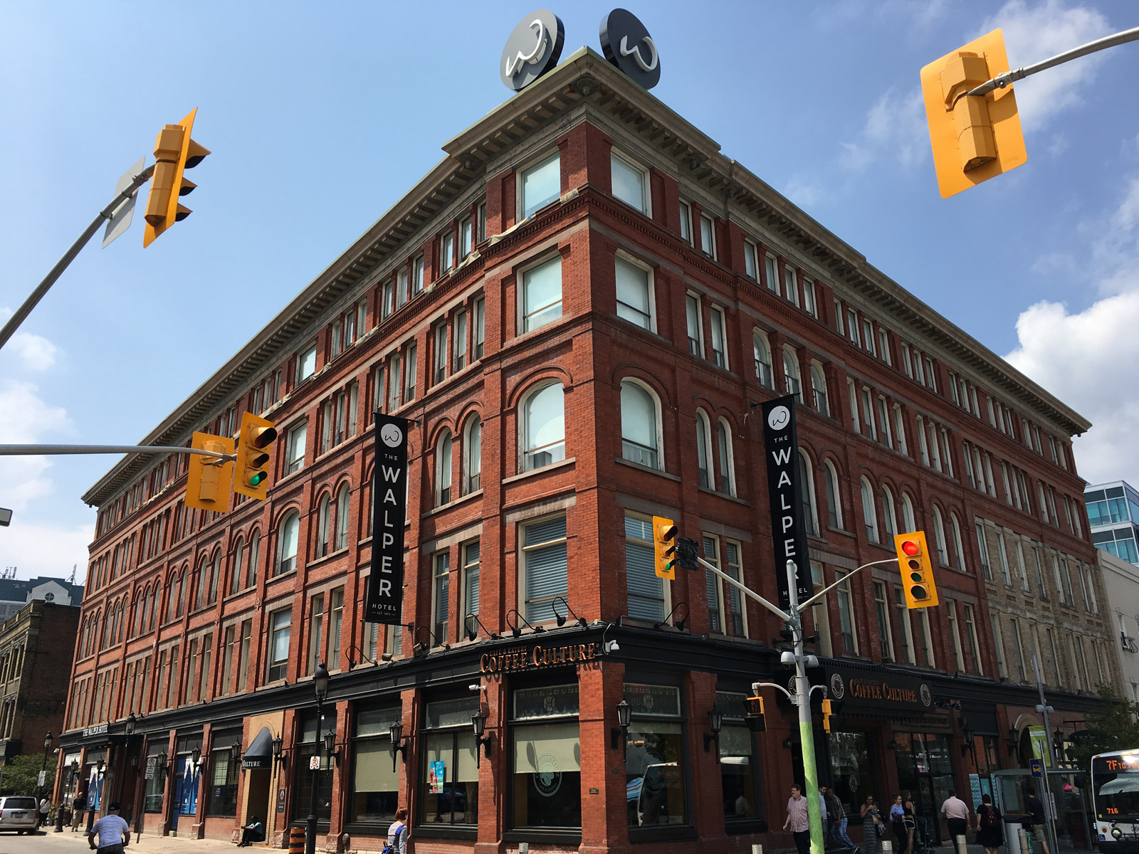 Photo of the Walper Terrace Hotel as seen from the corner of King and Queen Streets in downtown Kitchener