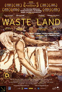 Film poster for Waste Land features an illustration of Jacques-Louis David's Death of Marat rendered entirely in recycled materials