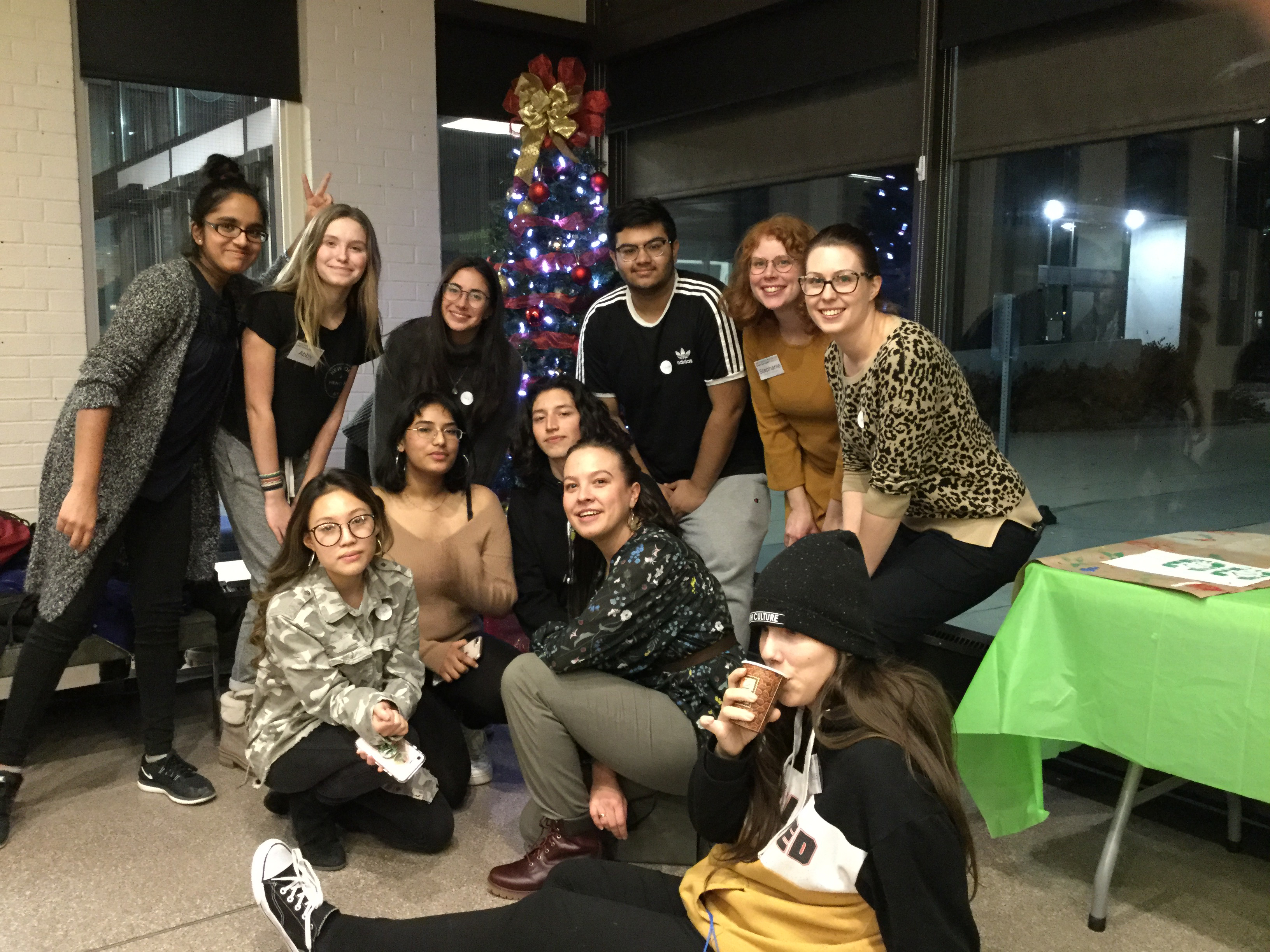 Photo of Youth Council members posing in front of a Christmas tree at the winter holiday party