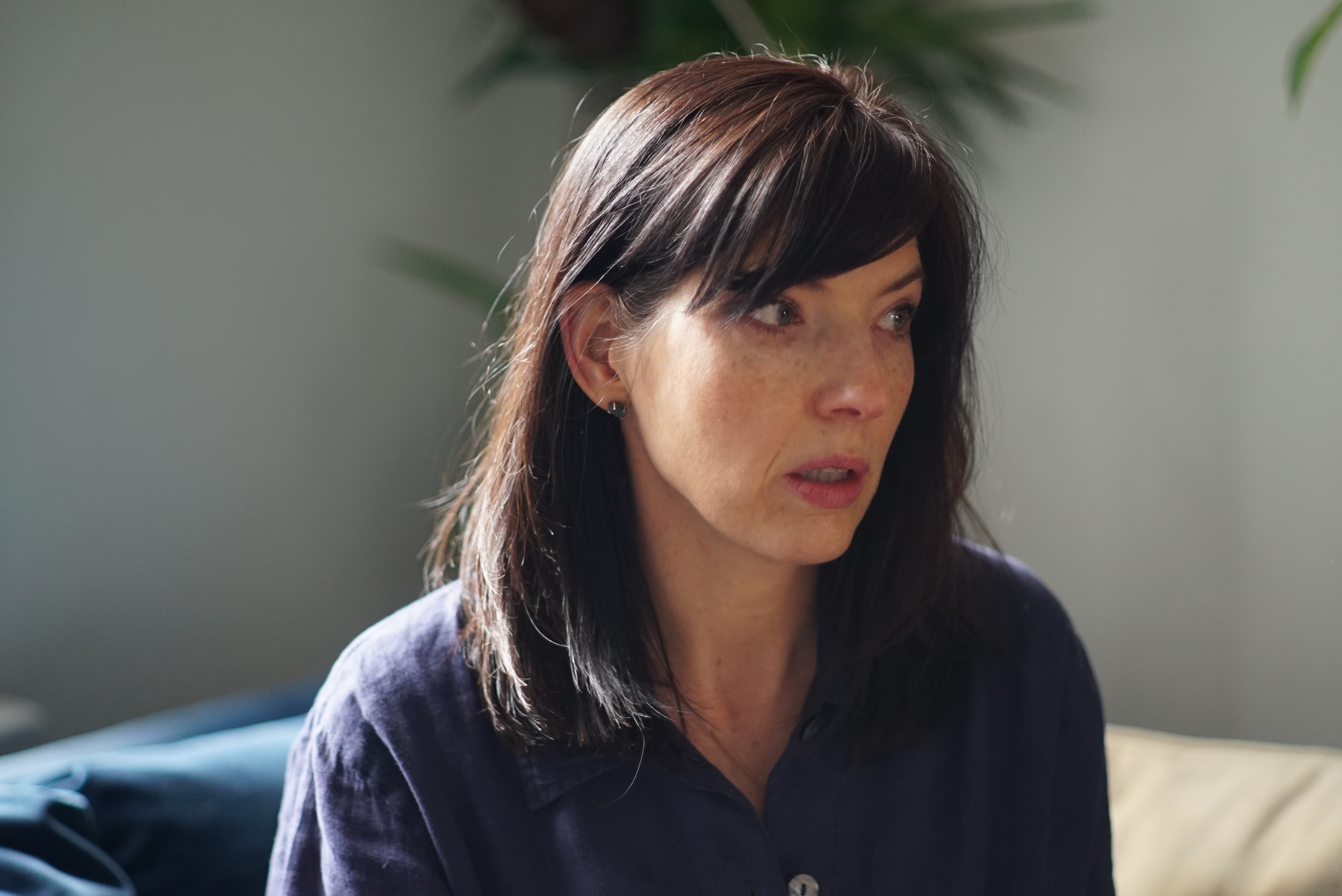 Photo of Annie MacDonell, a woman with dark hair wearing a dark blue shirt seated in a grey room; her gaze is directed off-camera to the right, her mouth slightly open as though about to speak