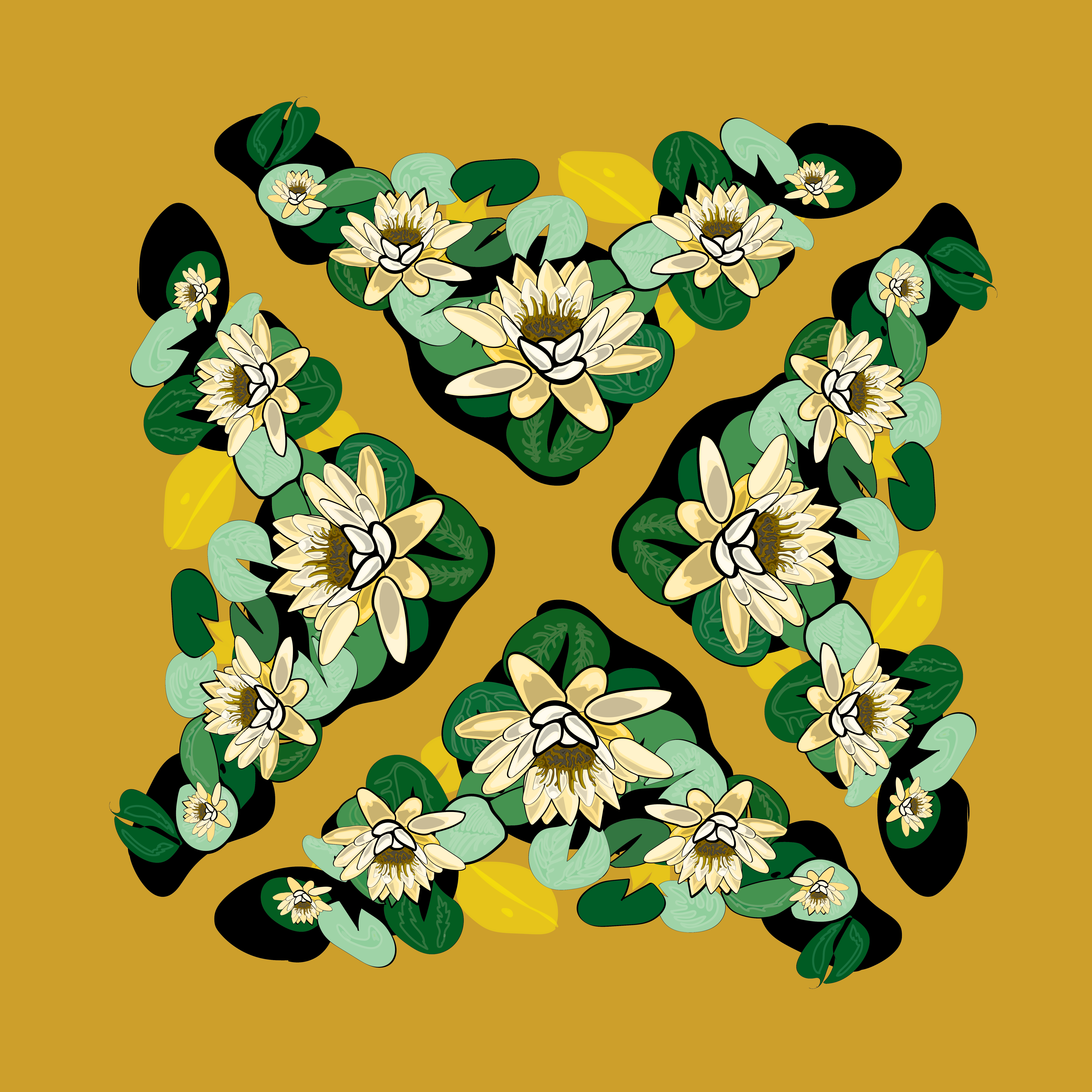 A Fallon Simard design for a white and green floral kookum scarf on a mustard yellow background