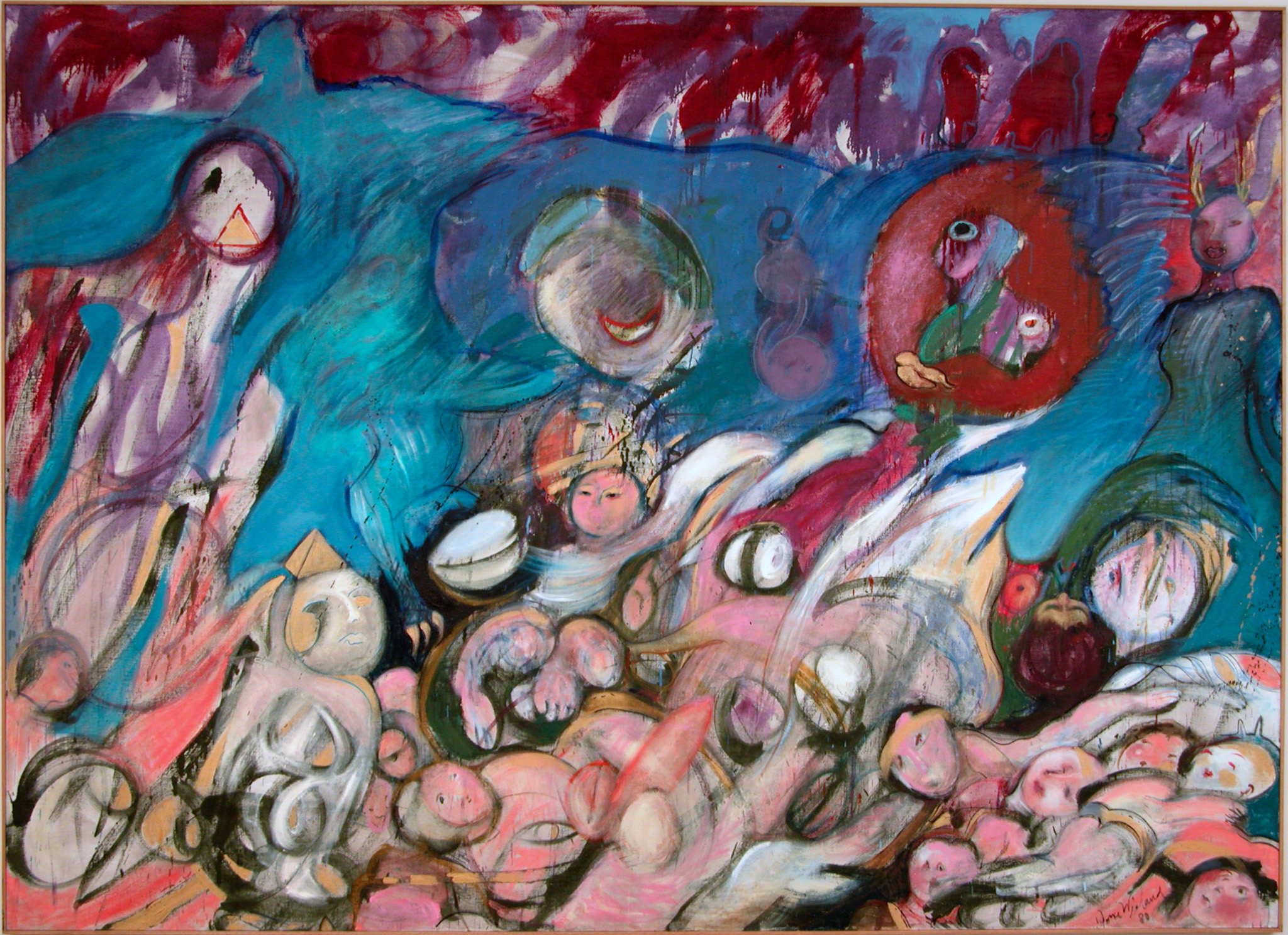 Joyce Wieland's Male Fertility is a painting in peach, pink, red and blue tones.