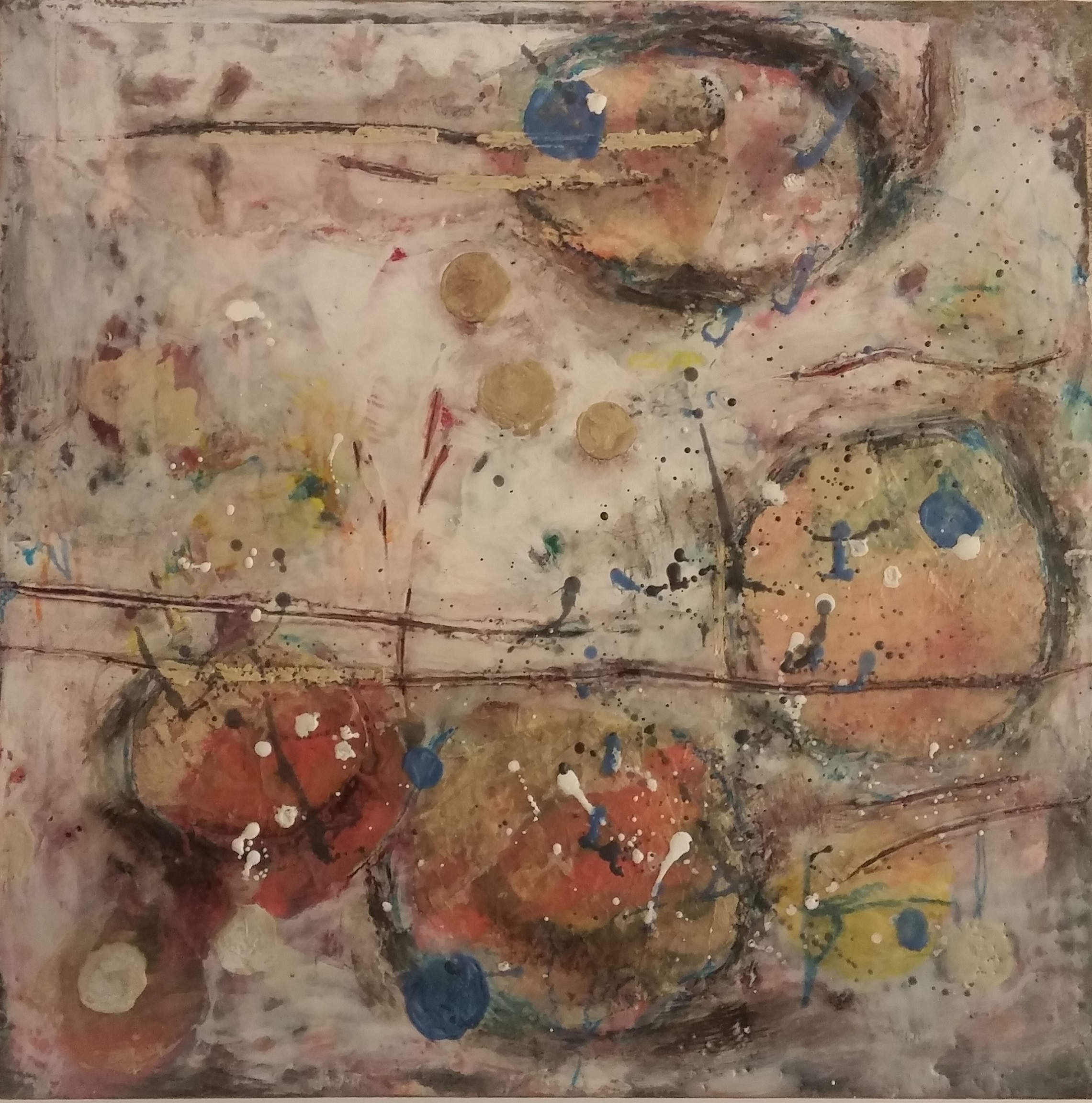 An encaustic painting in shades of blue, yellow, salmon and grey.
