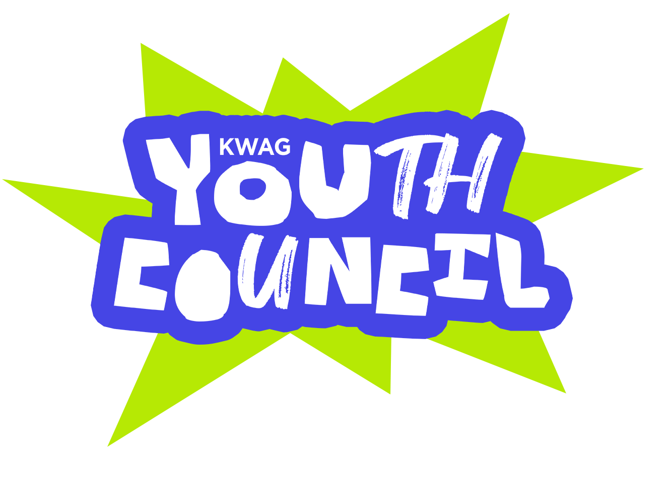 Purple colored type based logo of the KWAG Youth Council with a geometric background