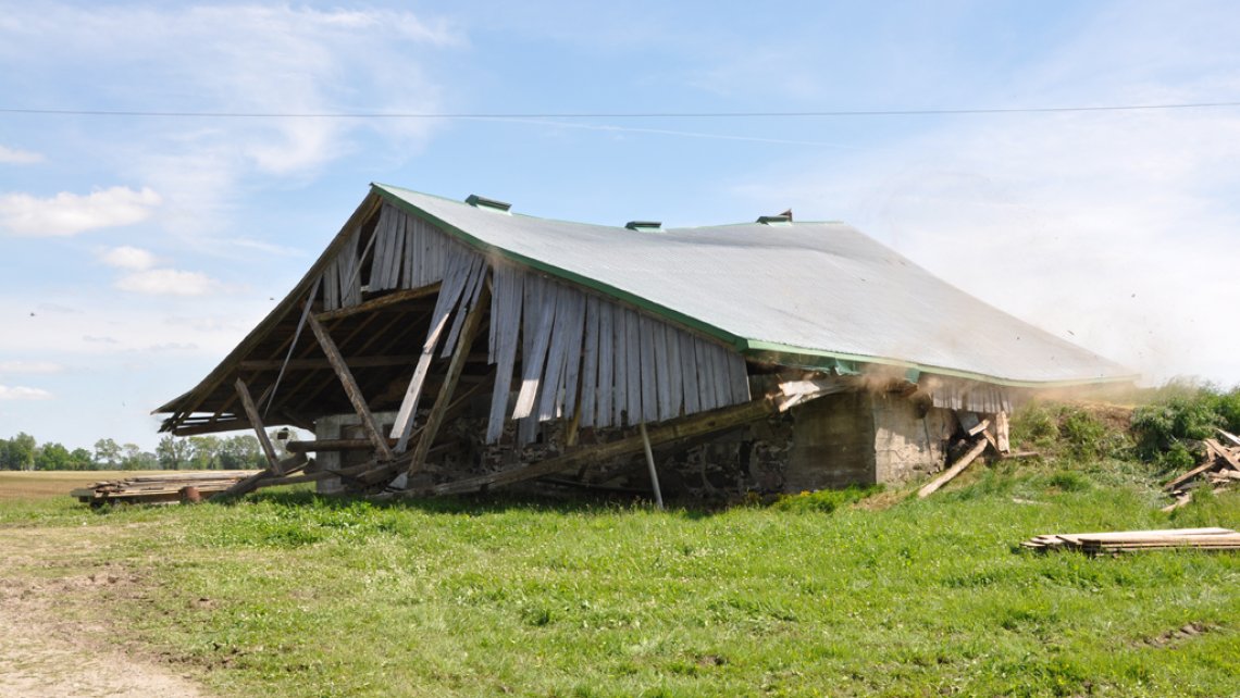 A photograph of a collapsing wood barn in a bright spring landscape of green grass and blue sky