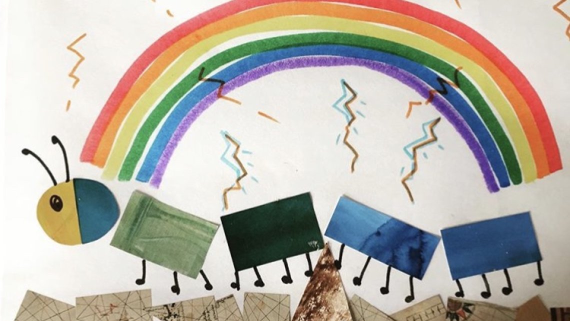 A collaged child's picture of a caterpiller walking under a rainbow and radiating colourful squiggle marks