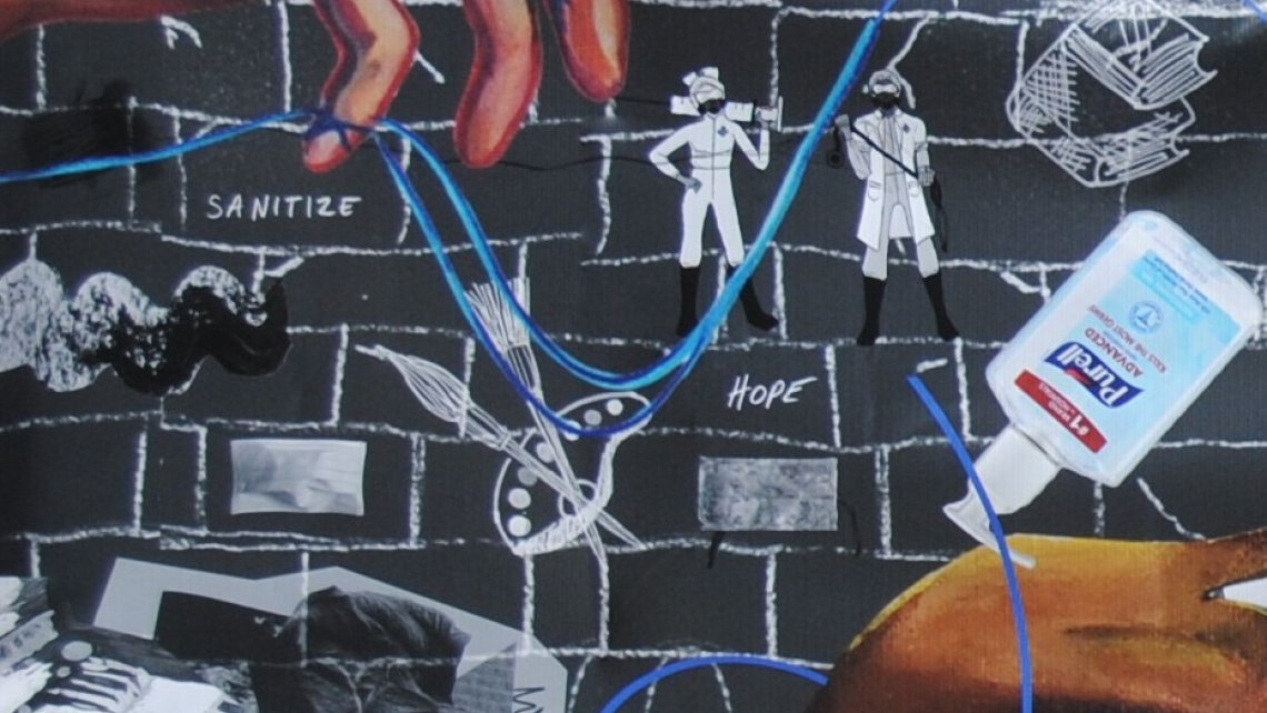 A detail of a digital artwork combining images of hands against a black brick wall scrawled with white line drawings