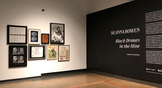 Instalation view of Deanna Bowen: Black Drones in the Hive