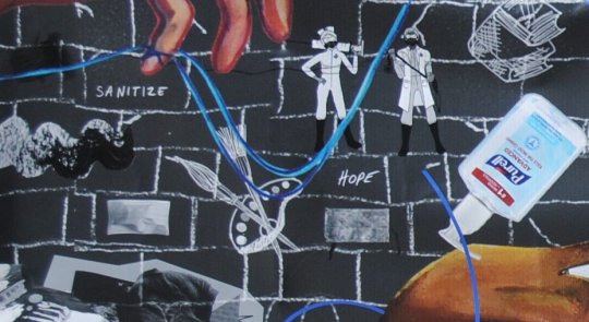 A detail of a digital artwork combining images of hands against a black brick wall scrawled with white line drawings