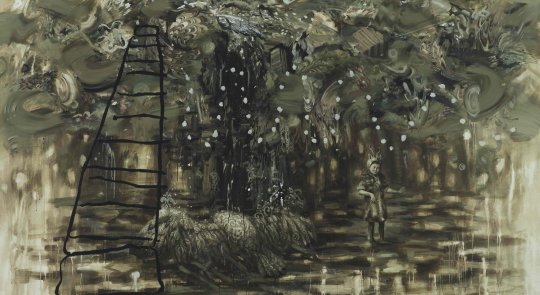 Carol Wainio's painting Season's End is a richly layered landscape in dark earth tones featuring a large burrowing bird creature, a small human figure in fur and antlers and a crudely-drawn steel tower teetering beneath a heavy marble-patterned sky