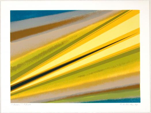 Rita Letendre's Asor is a colourful serigraph print comprised of diagonal bands of yellow, brown, green and blue