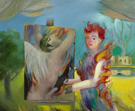 A portrait of the artist with spiking red hair wearing a blue dress, her arm on fire as gestures to an easel painting of a nude winged male among flames; both are posed in a pastoral landscape