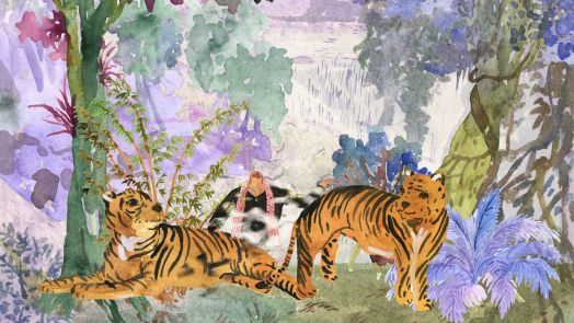 A hazy watercolour painting of a seated headless figure flanked by two relaxed tigers in a jewel-toned forest
