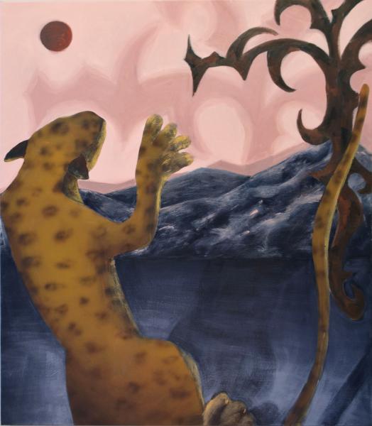 painting of a leopard in an unusual vertical position as though falling against a background of dark blue rock and a pink sky with a blood-red moon