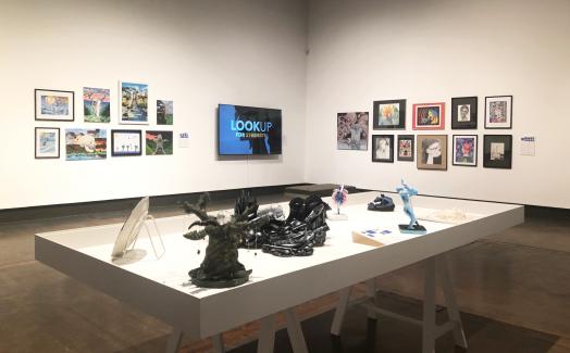 Installation view of Expressions 47 displaying art in two salon-style groupings, small sculptures on a large white table and a video screen