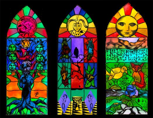 Three stained-glass windows displaying a variety of trees, animals, and magical imagery