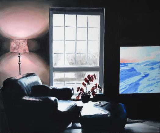 Amanda Rhodenizer's Casual Frontier is an oil painting depicting a dark interior living space occupied by a black leather chair and bright television screen; a tall bright window also adds contrasting light to the scene