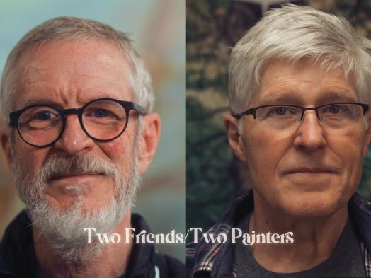 Image of 2 faces. One of Doug Kirton and the other of Will Gorlitz. With the title "Two Friends/Two Painters"