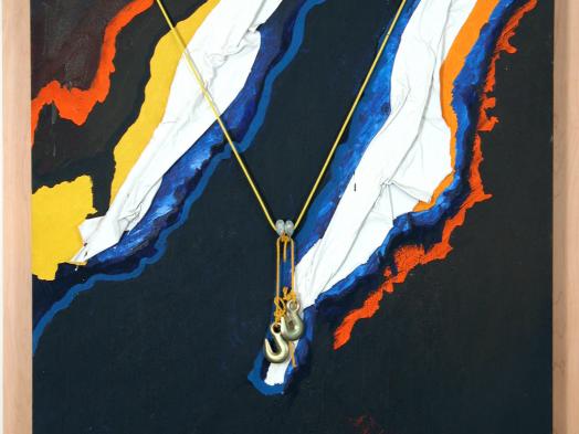 Michel-Thomas Tremblay's Accroche-Toi is a predominantly black mixed media artwork with abstract white diagonal shapes edged in blue, yellow and orange interrupting the darkness; two small steel hooks hang over the centre of the artwork by a suspended v-shape of thin yellow string