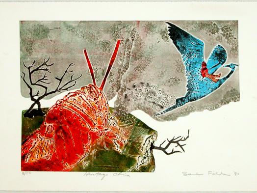 Saul Field's Heritage China is a colourful etching of a red locust observing a blue heron in flight