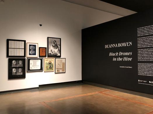 Instalation view of Deanna Bowen: Black Drones in the Hive