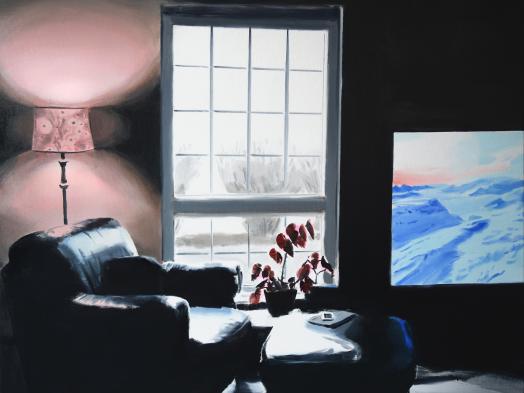 Amanda Rhodenizer's Casual Frontier is an oil painting depicting a dark interior living space occupied by a black leather chair and bright television screen; a tall bright window also adds contrasting light to the scene