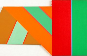 abstract picture of red and green vertical lines with orange and green diagonal lines beside it