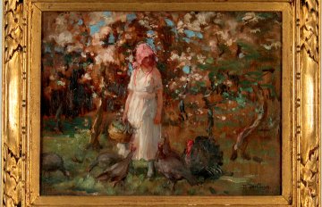 Painting of a lady in a bonnet and white dress feeding chickens